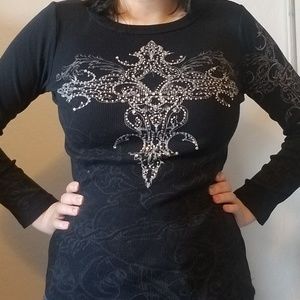 Ribbed Long Sleeved Tee with Rhinestones